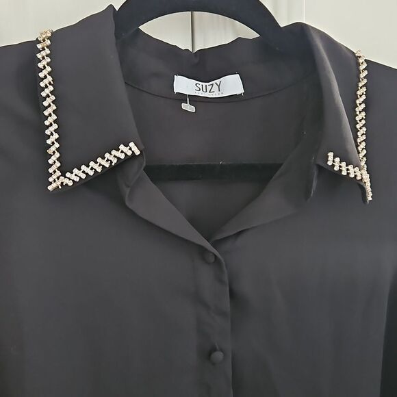 💝Suzy rhinestone collar black button up blouse - Picture 2 of 3